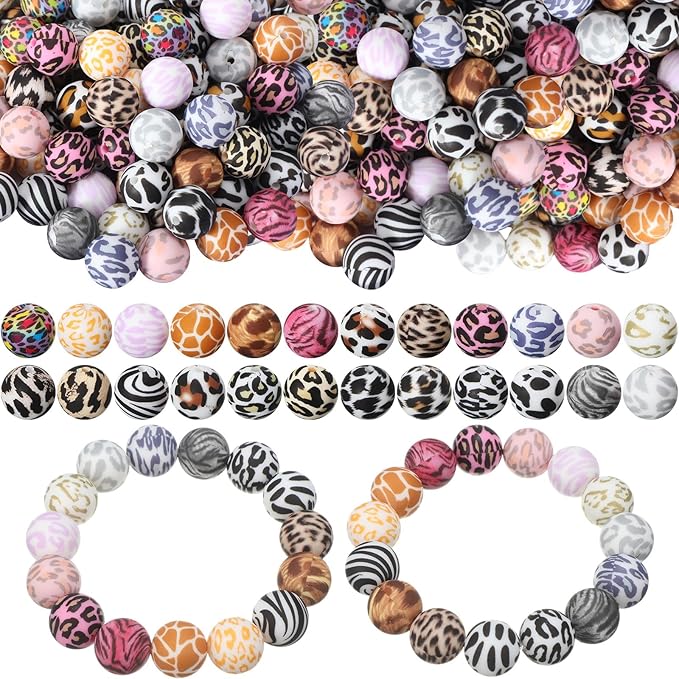 Ferreve 120 Pcs 15mm Silicone Beads Bulk Leopard Print Silicone Beads Leopard Print Rubber DIY Bracelet Making Kit for Keychain Making Pens Necklace Jewelry