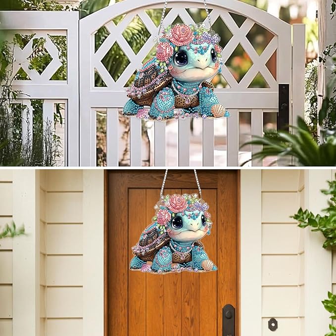 MXJSUA Cute Turtle Diamond Art Hanging Kits for Adults Beginners, Crystal Diamond Suncatchers, Special Shape Diamond Painting Pendant Window Ornament Gifts for Home Garden Door Wall Decor