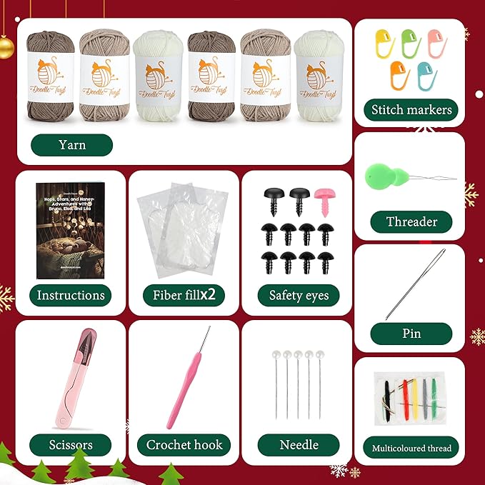 DoodleTwyst Amigurumi Crochet Kit – DIY Crochet Kit with Yarn & Tools – Fun Crochet Kits for Adults to Make Bear, Bunny & Reindeer Stuffed Animals