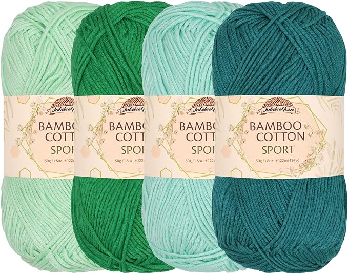 JubileeYarn Bamboo Cotton Sport Yarn - 50g/Skein - Shades of Green - 4 Skeins