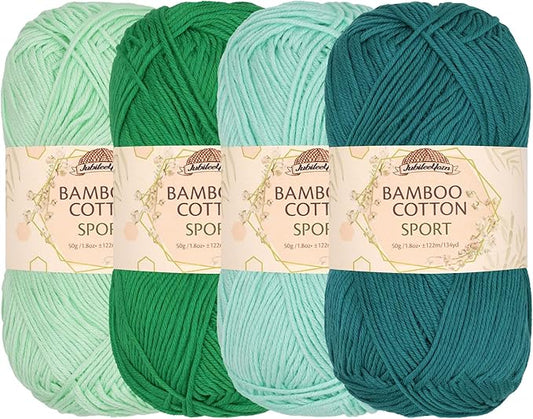 JubileeYarn Bamboo Cotton Sport Yarn - 50g/Skein - Shades of Green - 4 Skeins