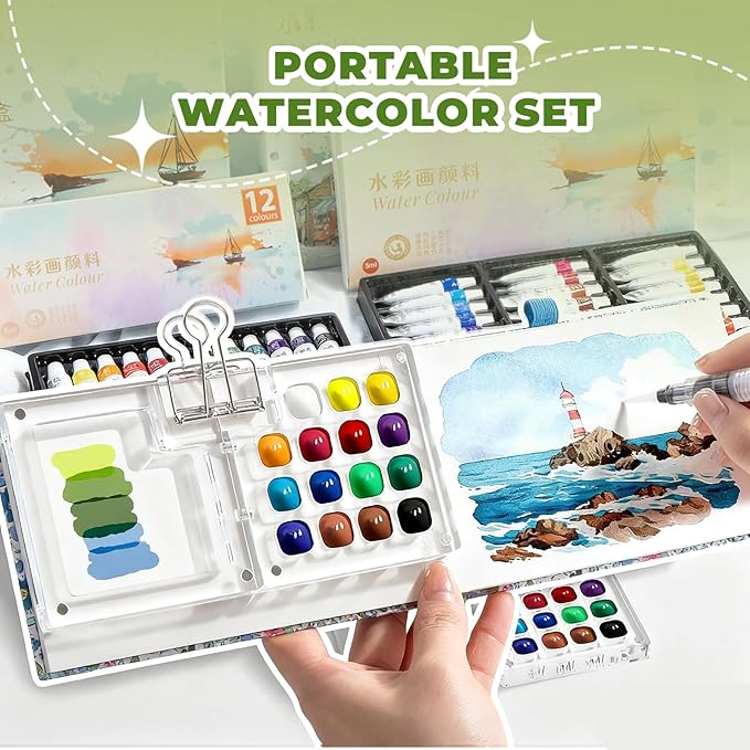 Mini Portable Watercolor Palette Set-Grid Paint Box with Binder Clips Include 12 Colors Paint - Brush*3 and Picture Album Art Materials Coloring Markers for Travel, Creative Drawing Kit for Beginners and Art Enthusiasts((Blue Acrylic-S)