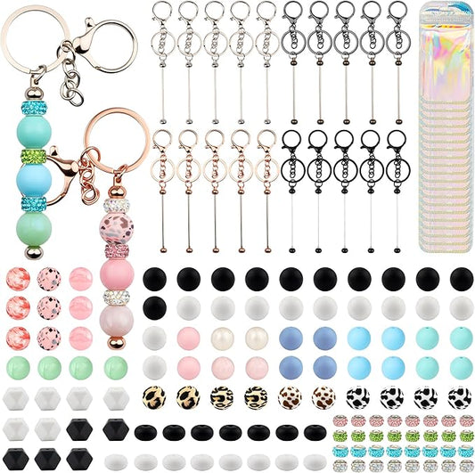 161pcs Beadable Keychains Set Bulk for Keychain Making Kit with Beadable Keychain Bar Silicone Beads Spacer Beads Gifts for Women Men DIY Crafts(Multicolor)