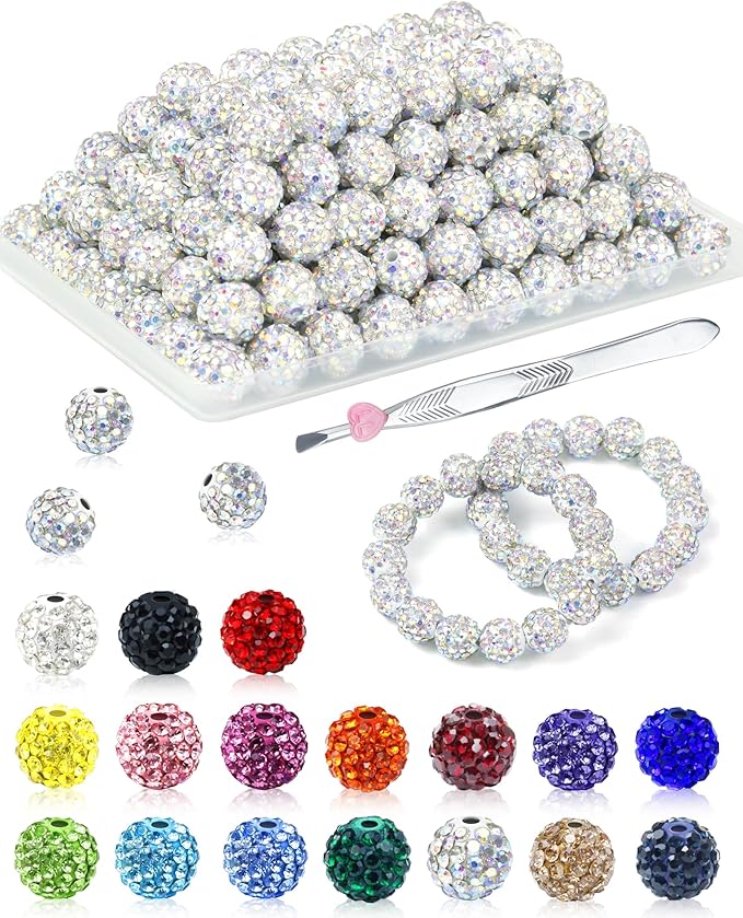 120PCS FIVEIZERO Rhinestone Beads for Jewelry Making, 10mm Crystal AB Shiny Round Sparkle Crystal Clay Bead Bulk Sparkly Baseball Necklace Beads for Bracelets and DIY Crafts