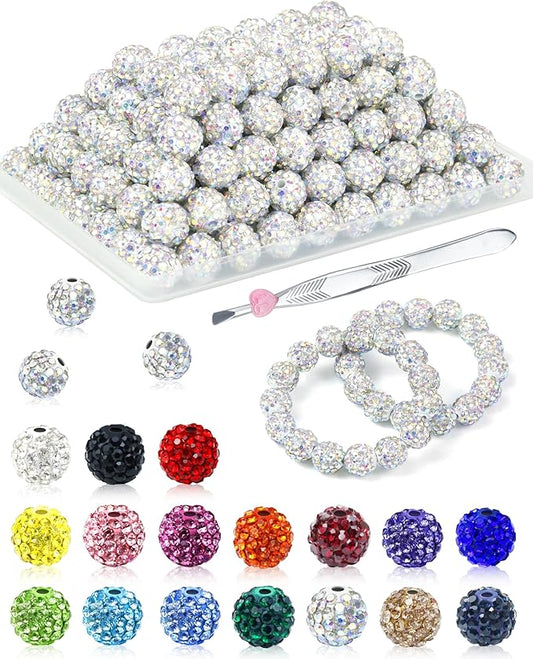120PCS FIVEIZERO Rhinestone Beads for Jewelry Making, 10mm Crystal AB Shiny Round Sparkle Crystal Clay Bead Bulk Sparkly Baseball Necklace Beads for Bracelets and DIY Crafts