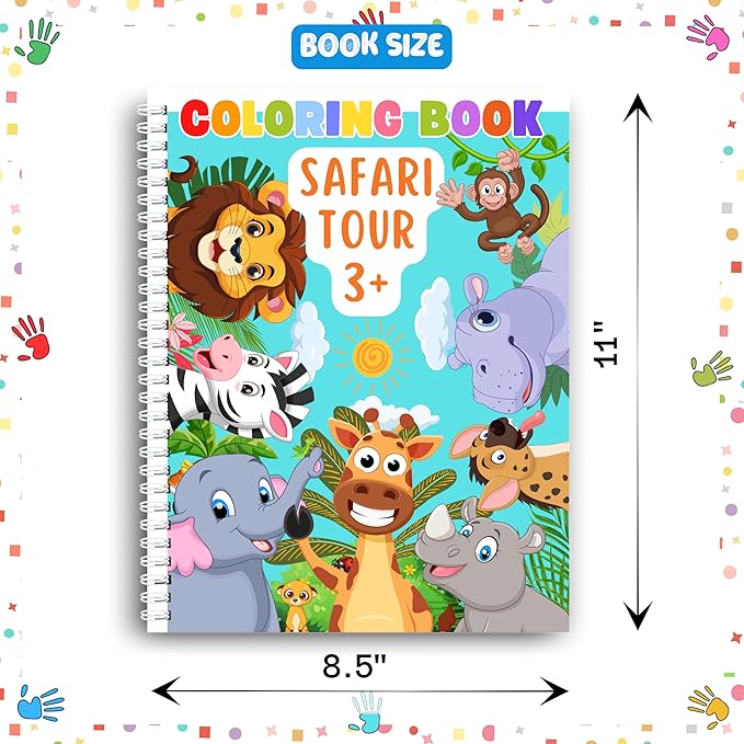 coloring pages, safari tour coloring book for kids – spiral bound, perfect for boys and girls. features lions, elephants, giraffes & more wild adventures! thick 199 gsm paper, sheet size 8.5x11 in.