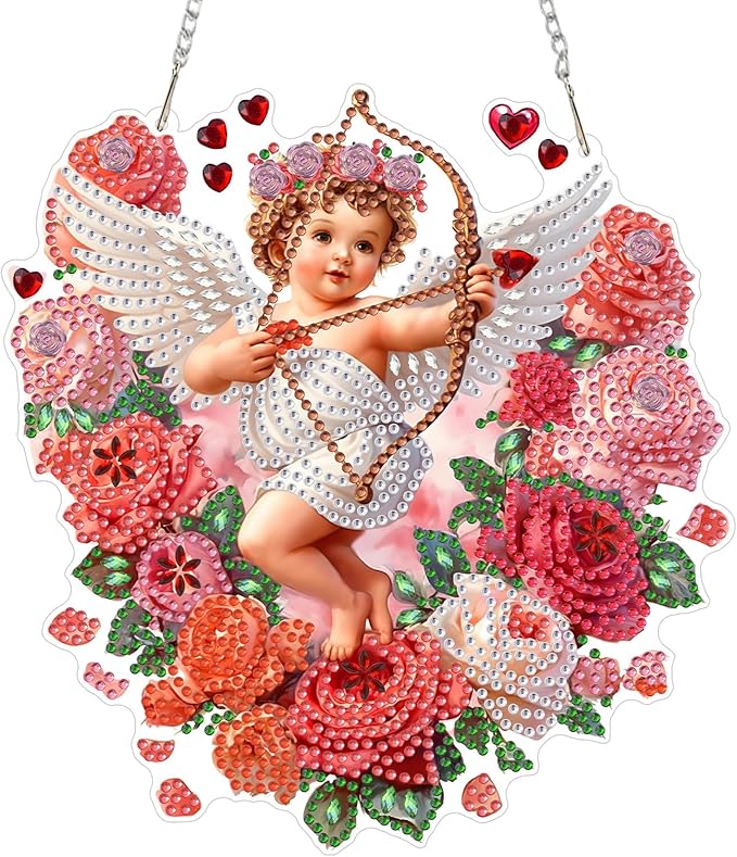 CEOVR Valentine's Day Hanging Diamond Art for Adults, Cupid Special Shape Diamond Painting, DIY Gem Art Wall Hanging Ornament, Acrylic Home Garden Decor with Chain, Box Kit 7.43×7.87inch