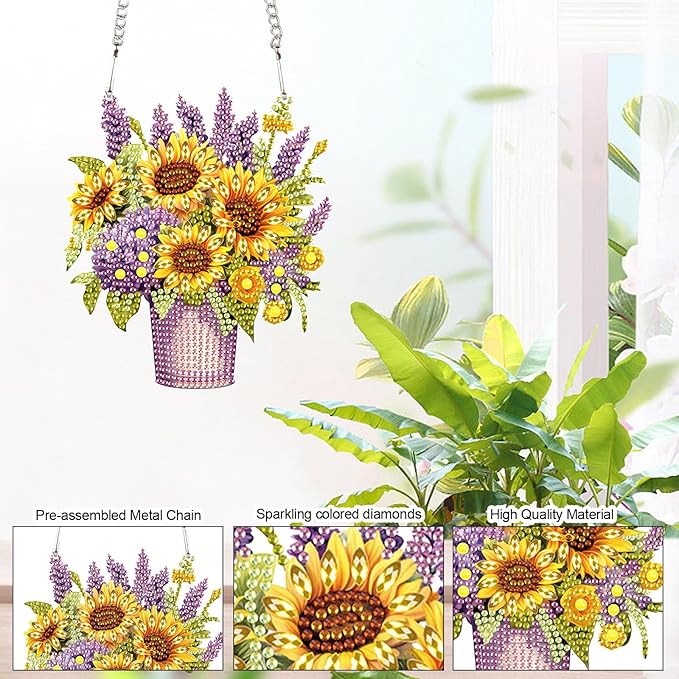 Sunflower Lavender Diamond Painting Hanging Kit, DIY 5D Special Shaped Rhinestones Acrylic Pendant, Diamond Art Hanging for Adults, Floral Window, Wall, Door and Garden Decoration, Handmade Art Gift