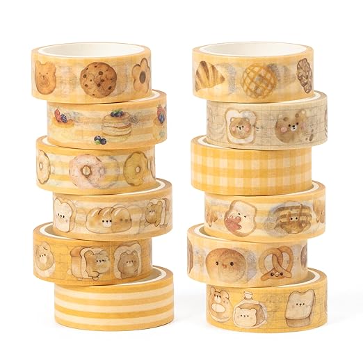 Bakery Bless Washi Tape - 12 Rolls Cute Donut Bear Waffle Bakery Washi Colored Masking Painters Scrapbook Decorative Art Tape Set DIY Crafts Self Adhesive Gift Wrapping Scrapbooking Supplies