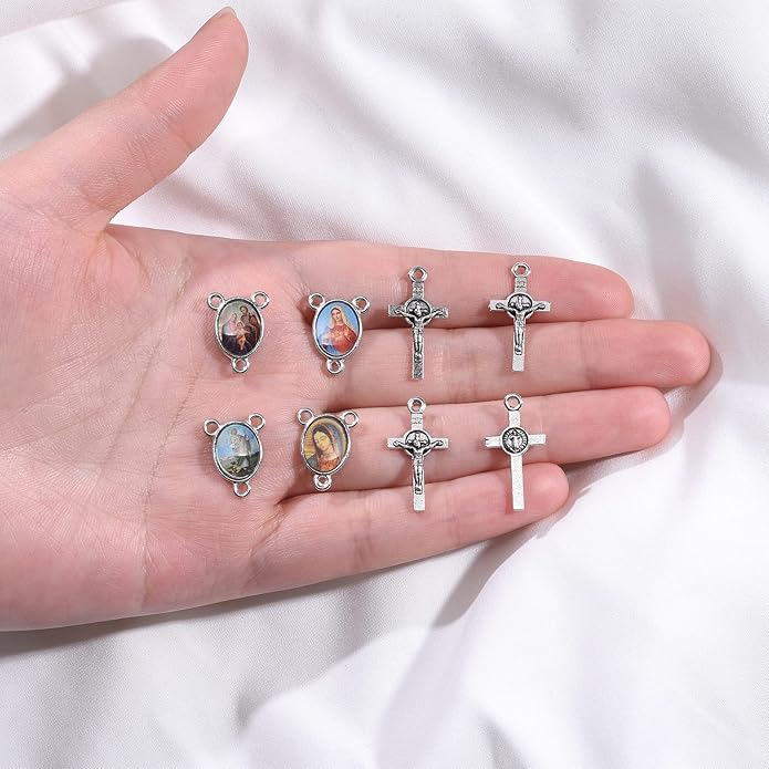 60Pcs/30Sets Rosary Making Kits Supplies Alloy Religion Cross and Center Medal Charms Pendant Oval Chandelier Links for Diy Prayer Necklace Jewelry