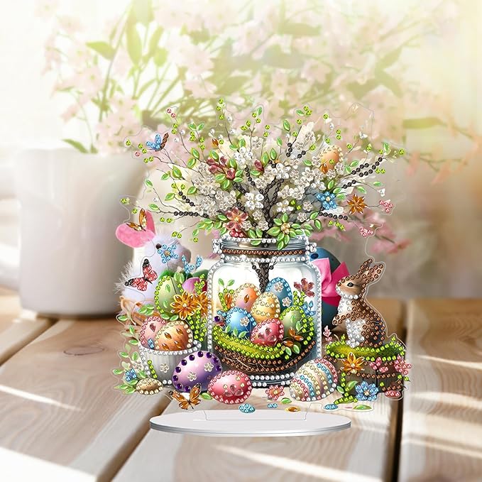 DIY Dot Diamond Desktop Easter Creative Ornaments Diamond Art Painting by Number Embroidery Arts and Crafts Easter for Home Office Garden Decoration (Single Side Dot Diamond)-#04-Potted Plants