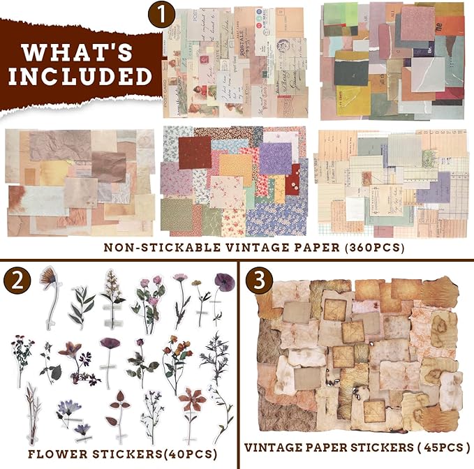 445 PCS Vintage Scrapbook Paper Journaling Scrapbooking Supplies Kit Aesthetic Decorative Craft Paper include 40 Sheet Flowers Stickers for Planner, Bullet Journaling, Junk Journal, Retro Crafts