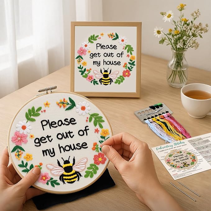 Nuberlic Funny Bee Embroidery Kits for Beginners, Please Get Out of My House Embroidery Kit for Adults- Easy Cross Stitch Starter Kit with Printed Fabric, Hoop, Needles Instruction and Threads