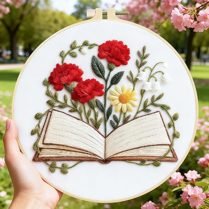 BEUNITONE Books Flowers Embroidery Kit, 6PC Literary Themed Cross Stitch Set for Book Lovers, Reading Hobby DIY Craft, Unique Home Decor Gift Idea