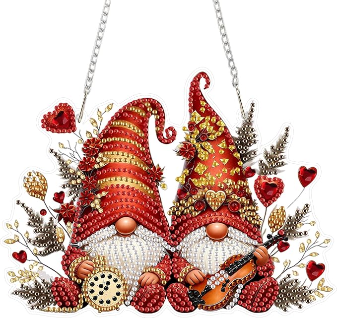 MEIYUDA Valentine's Day Hanging Diamond Art Kits for Adult, Love Gnomes Diamond Painting Hanging Kits Ornaments, DIY Special Shaped Rhinestone Window Pendants kit for Home Garden Wall Decor Gift