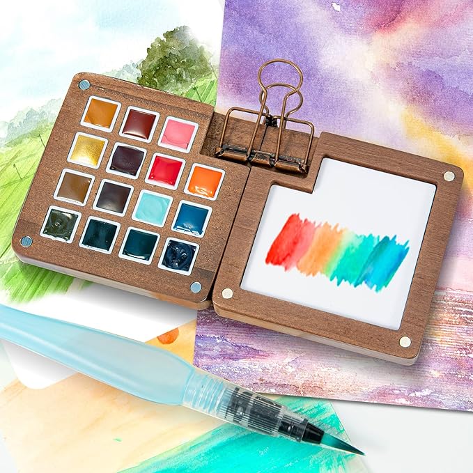 Mini Paint Palette Travel Kit - 15-Colors Pocket Artist Water Color Travel Set with Crossbody Bag, Watercolor Journal, Metal Clip, Paint Water Cup, Water Brush, Wooden Paint Box for Painters Artists