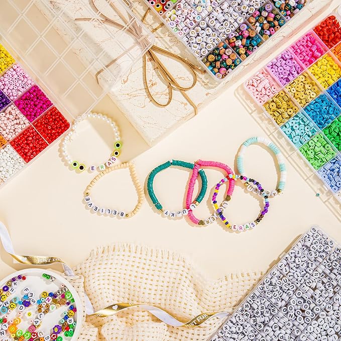 Goldwise Adult Jewelry Making Bead Set – 4 Storage Boxes with 48 Colors Clay & Glass Seed Beads, Letter Beads and Jewelry Findings for Bracelets, Necklaces & Accessories