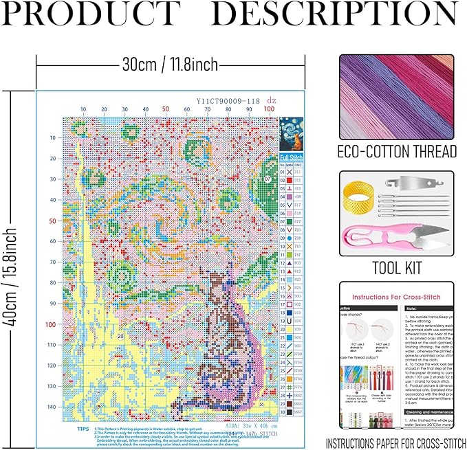 RLTXBUK Cat Cross Stitch Kits, Starry Night Orange Kitten Stamped Counted Cross Stitch Kits for Adults, Orange Cat Mom Lovers Gifts for Women, 11.8x15.8 Inch