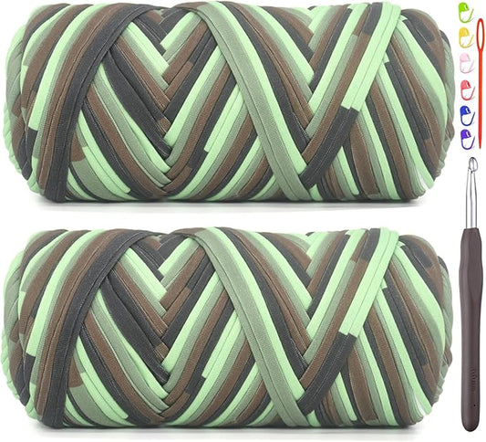 2 Pack Tshirt Yarn for Crocheting,Rainbow T Shirt Chunky Elastic Fabric Thick T-Shirt Crochet Yarn for Beginners Crocheting Hand Knitting Bag/Basket/Coasters/DIY Crafts/Home Decor 2 * 200G-Camo Green