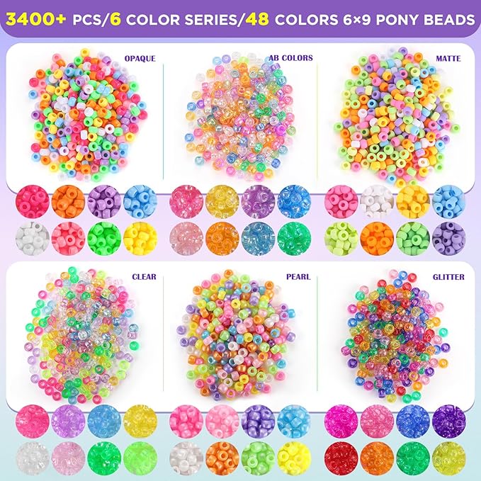 3400Pcs Pony Beads Bulk, 48 Colors Plastic Pony Beads for Bracelets Jewelry Making, Funtopia Kandi Beads for Craft DIY Project, Rainbow Hair Beads for Braids for Girls, 6 Color Series, 6x9 mm