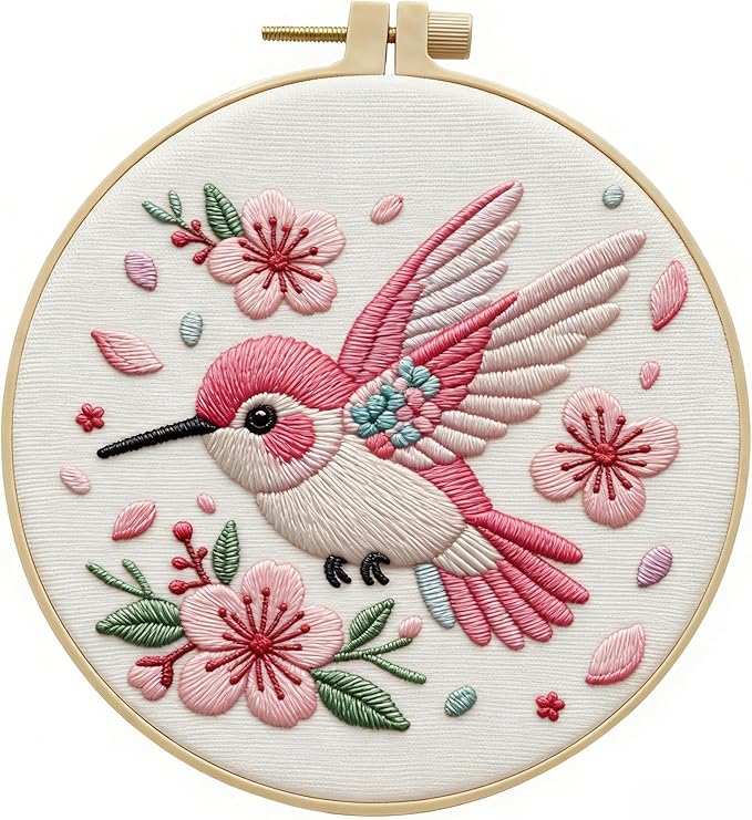 JJFox Embroidery Kit for Beginners and Adults, DIY Hand Embroidery Starter Kit with Cute Pattern, Cross Stitch Needlepoint Set with Hoop, Threads and Instructions (Hummingbird)