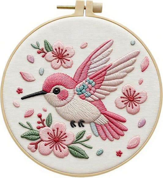 JJFox Embroidery Kit for Beginners and Adults, DIY Hand Embroidery Starter Kit with Cute Pattern, Cross Stitch Needlepoint Set with Hoop, Threads and Instructions (Hummingbird)