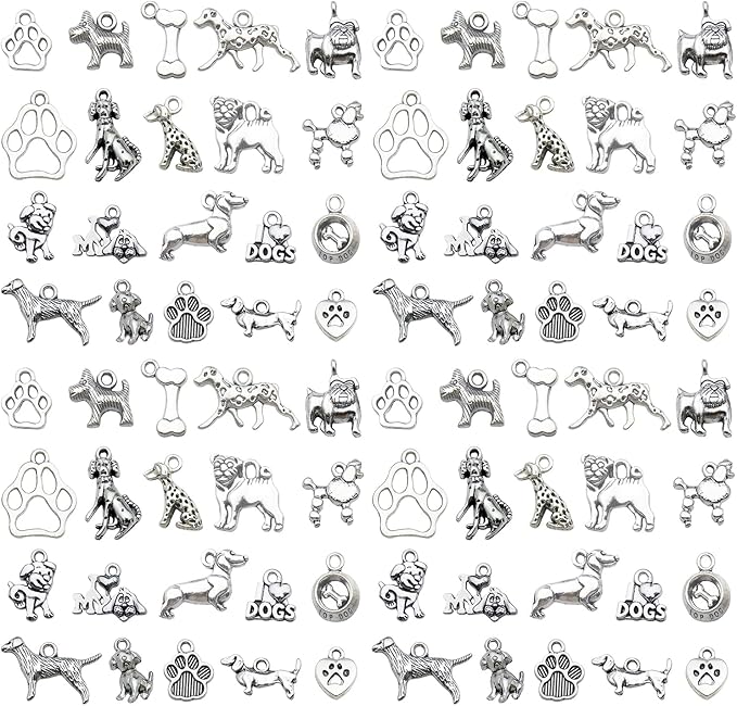 Youdiyla 100pcs Craft Supplies Pet Dog Animals Charms Pendants for Crafting Jewelry Findings Making Accessory for DIY Necklace Bracelet (Antique Sliver)