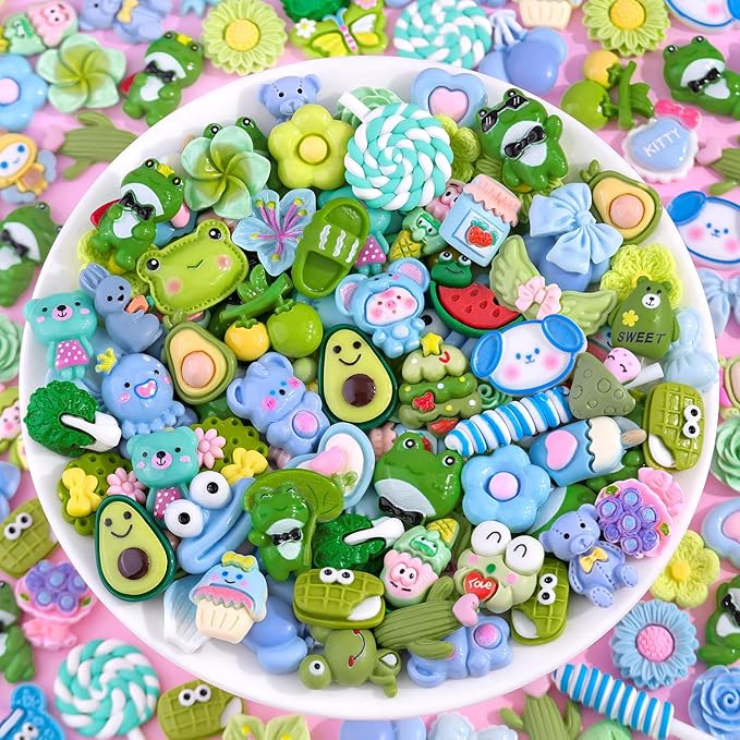 100PCS Green Slime Charms Cute Flatback Resin Charms for Slime, Random Kawaii Decoden Charm for Embellishments Phone Junk Case Charms Bulk, Hairpins Scrapbooking Crafting & DIY Decoration