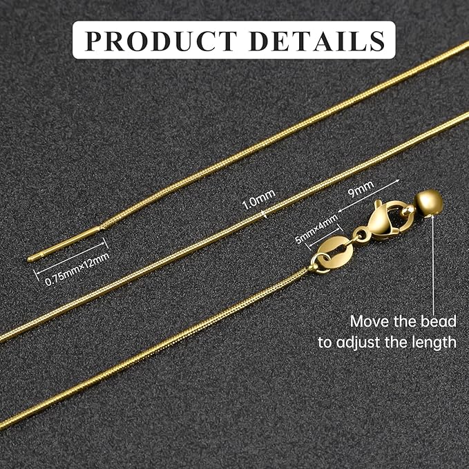 GTVOODX 10Pcs 18k Gold Plated Snake Chain Necklace Stainless Steel 1mm Threader Adjustable Necklace Bulk with Rubber Stoppers for Jewelry Making 20 Inches