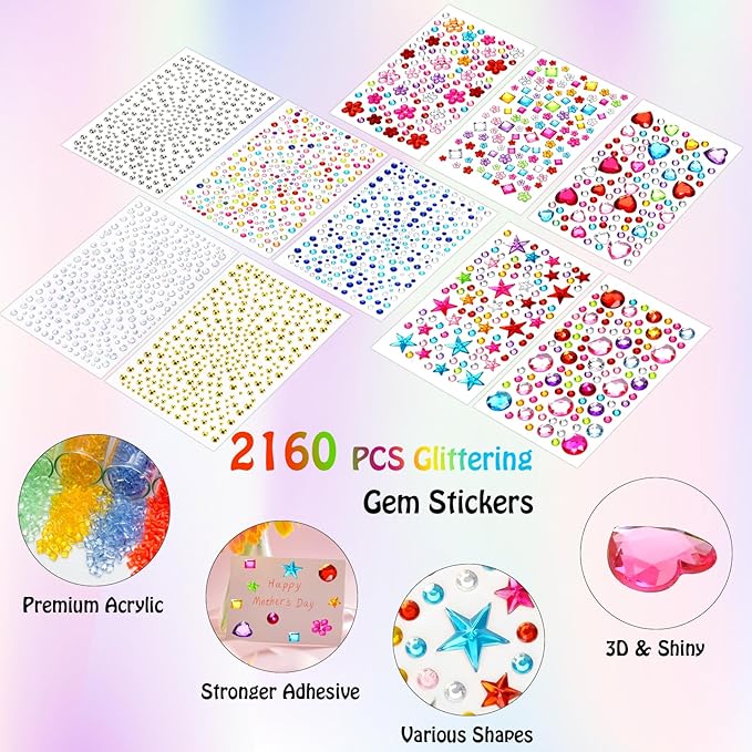 2168pcs Easter Gem Stickers Rhinestones for Crafts, Sparkling Cute Star Heart Round Small Stickers for Women Adults, Glitter Jewels Stickers for Face Eye Body Makeup, DIY Decoration, WUINOID