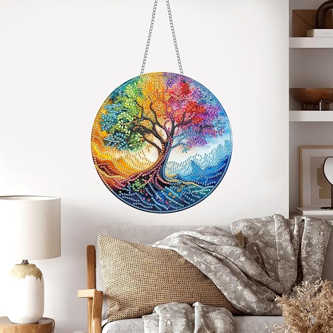 Pavemlo Hanging Diamond Art Kits for Adults Tree – 8x8 Inch Double-Sided Acrylic Board DIY Crystal Diamond Suncatcher Pendant, Sparkling Home Wall or Window Decoration Handmade Gift