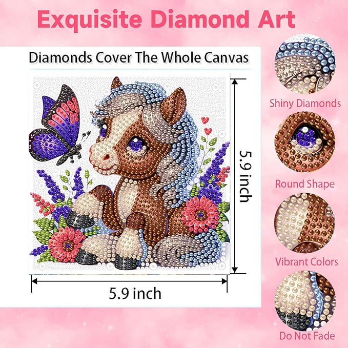 Horse Diamond Art Painting Kits for Kids with Frame, Animal Diamond Art for Kids Ages 4-8-12 with Frame, Easy Small Cute Gem Painting Kit for Gift Home Wall Decoration (7x7 inch)