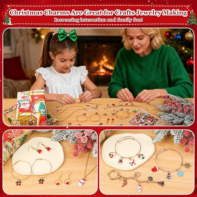 Modacraft 120 Pcs Christmas Charms for Jewelry Making, Multiple Styles Gold Enamel Pendant Charms with Santa Snowflake Tree for DIY Bracelet Necklace Earring Keychain Craft Supplies Holiday Decor Gift