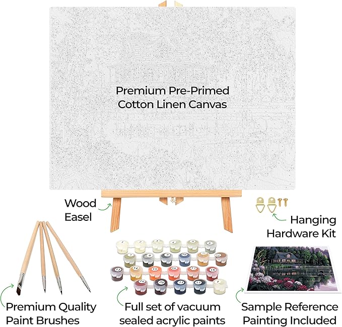 Ledgebay DIY Paint by Numbers Kit for Adults Framed Canvas Beginner to Advanced Paint by Numbers Kit Kits Include Acrylic Paint Set Brushes Tabletop Easel (Still Waters 16" x 20" Framed)