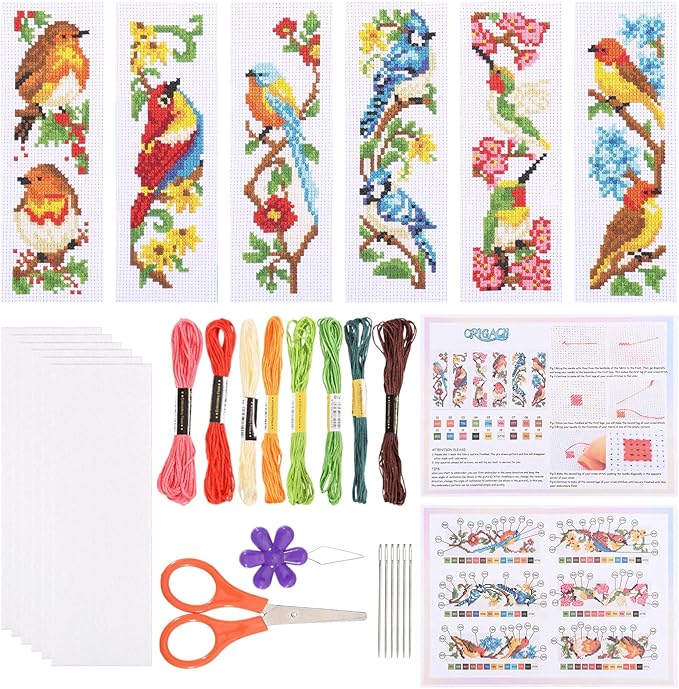 ORIGACH 6 Set Birds Cross Stitch Bookmark Kit for Beginner with Backing Felt Floss Instructions DIY Stamped Embroidery Bookmark Kit for Adults, Book Lovers