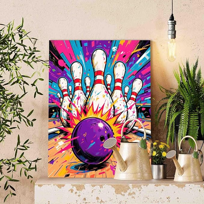 Colorful Bowling Ball Paint by Numbers Kit for Adults Beginner Bowling Strike Paint by Number Kit on Canvas Pop Art Sports DIY Paintwork Home Decorations Bedroom Gifts 16"x20" (DIY Frame)
