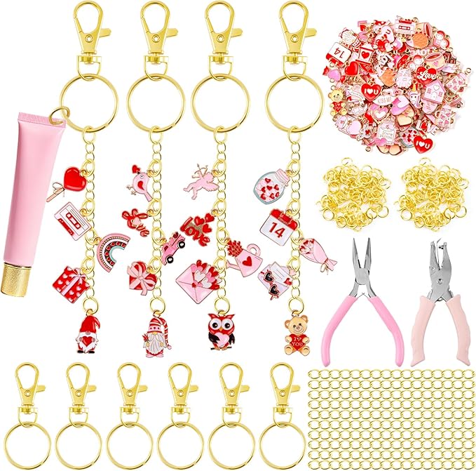 PYURTHITY 254 Pcs Valentine's Day Lip Gloss Keychain Charms Making Kit Include Valentine's Day Enamel Charms Keychain Clips Extender Chains Jump Ring Plier DIY Jewelry Crafts Gifts for Women Adults