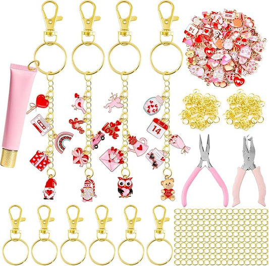 PYURTHITY 254 Pcs Valentine's Day Lip Gloss Keychain Charms Making Kit Include Valentine's Day Enamel Charms Keychain Clips Extender Chains Jump Ring Plier DIY Jewelry Crafts Gifts for Women Adults