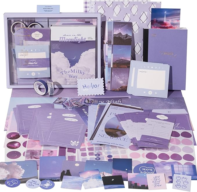 joychoic 348 pcs scrapbook kit, moonlight junk journal supplies, purple journaling and scrapbooking materials, large aesthetic collection for women, stationery diy arts craft, adults daily