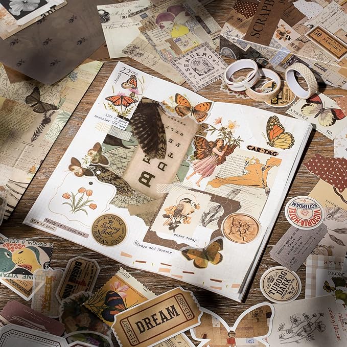 joychoic vintage scrapbooking supplies aesthetic journaling kit, scrapbook large collection for bullet junk journal, arts craft collage, beginners, ephemera