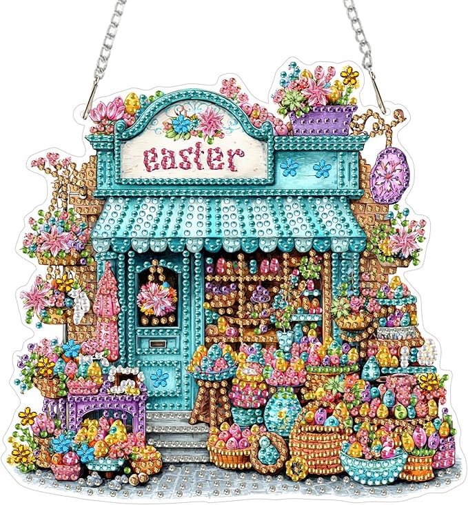 MAXBYE Easter Diamond Art Painting Kits Hanging Easter Egg Shop Pendant, DIY 5D Special Shaped Gem Art Craft Diamond Dots for Adults and Home Window Door Decor 8×12Inch