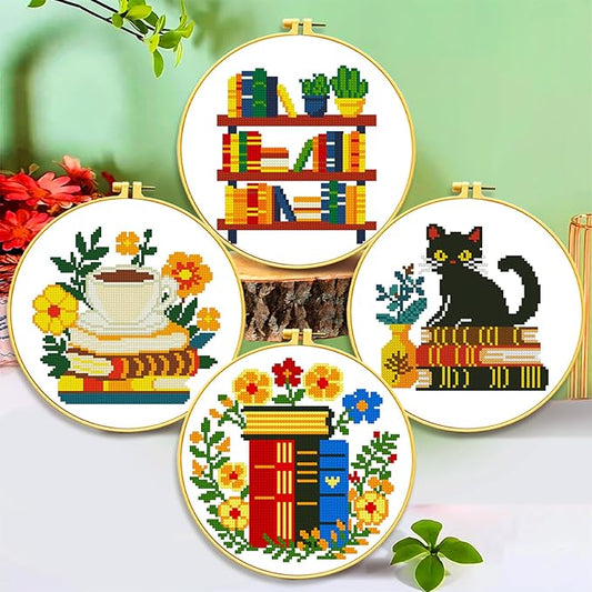 Zhenqing 4 Themes Cross Stitch Kit Set - 11CT 9.45x9.45Inch, Coffee/Books/Cats/Floral Designs, DIY Embroidery Kit with Full Tools (Hoops, Scissors, Tassels) & Guide, Cozy Home Decor Gift(69601)