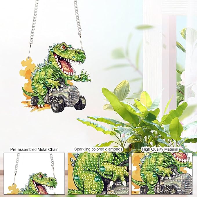 AiYuanzsh Diamond Painting Hanging Pendant Kit - Dinosaur Driving Car 5D Diamond Painting Kits for Adults - Crystal Rhinestones Diamond Art Pendant for Door Wall Window Home Xmas Halloween Decor