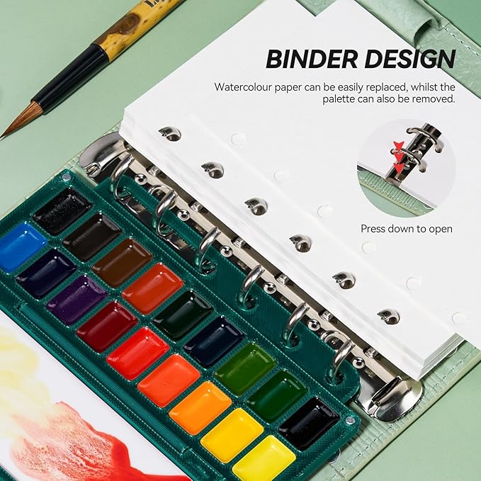 Portable Watercolor Sketchbook Set - 100% Cotton 5.1x3.0 Inch Hot Press 20 Sheets Binder Art Journal with 18-Well Ceramic Paint Palette & Travel Watercolor Brushes for Artists Outdoor Painting