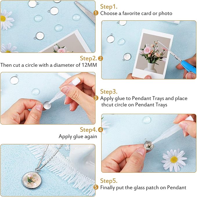Hicarer 120 Pieces 16mm Stainless Steel Pendant Tray Blanks Kit Including 60 Pcs Silver Round Frame Tray Bases and 60 Pcs Clear Glass Cabochons Pendant for DIY Jewelry Making