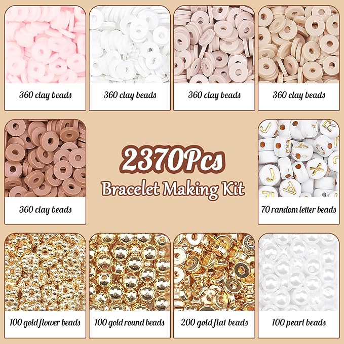 LUDUKOO Clay Bead Bracelet Kit, 2370Pcs Flat Polymer Clay Heishi Beads Bracelet Making Kit for Girls Adults, DIY Friendship Bracelet Kit with Gold Beads Letter Beads Pearl Beads for Bracelets