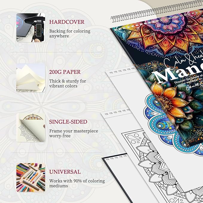 Mandala Coloring Book for Adults: 50 Relaxing Patterns with Spiral Bound Hardcover & 36 Dual-Tip Markers - Mindfulness Arts and Crafts Gift for Women