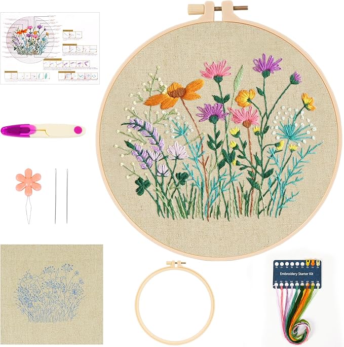 MAMUNU Embroidery Kit for Beginners Adults, Cross Stitch Kits, Stamped Cross Stitch Kits, Flower Embroidery Kit with Printed Embroidery Cloth, Embroidery Hoop, Color Threads and Tools