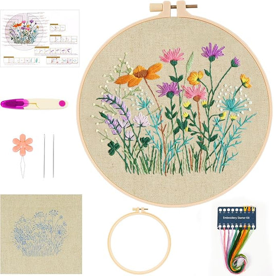 MAMUNU Embroidery Kit for Beginners Adults, Cross Stitch Kits, Stamped Cross Stitch Kits, Flower Embroidery Kit with Printed Embroidery Cloth, Embroidery Hoop, Color Threads and Tools