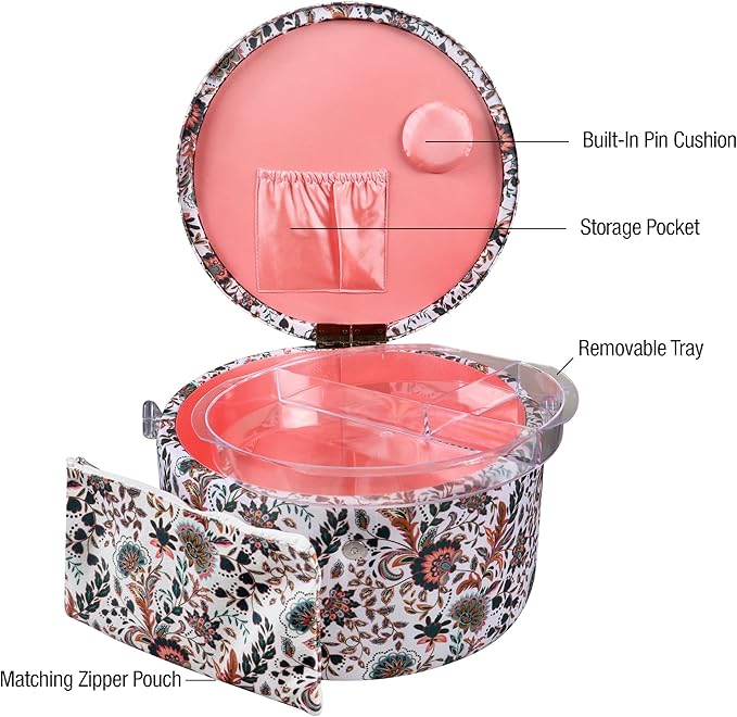 SINGER Premium Round Large Sewing Basket with Matching Zipper Pouch | 30% More Storage Volume (Floral Paisley Print)